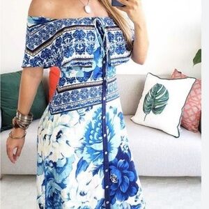 FARM Floral Blue and White Off-The-Shoulder Maxi Dress